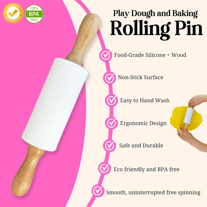 Creative Makers Small Rolling Pin for Kids, Non-Stick Silicone Surface with Wooden Handles for Play Dough and Baking Rolling Pin (9in, White) - Image 2